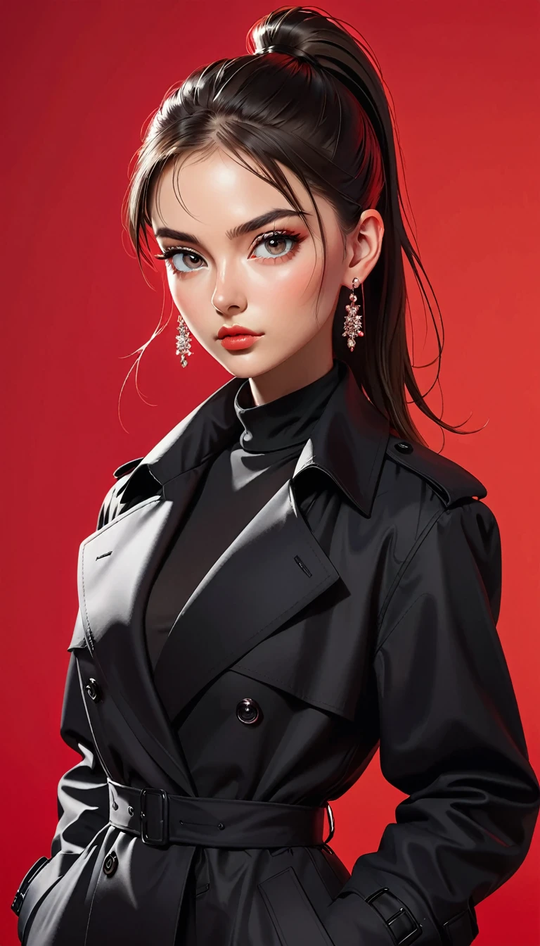 (masterpiece,high quality,8K).beautiful girl,Skin details,Bright Eyes,High Ponytail,Exaggerated earrings,Unique,Staring at the audience),(Black trench coat suit:1.37)。Light and Shadow,Clean and simple red background