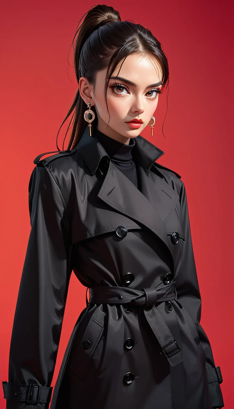 (masterpiece，high quality，8K).beautiful girl，Skin details，Bright Eyes，High Ponytail，Exaggerated earrings，Unique，Staring at the audience），（Black trench coat suit：1.37）。Light and Shadow，Clean and simple red background