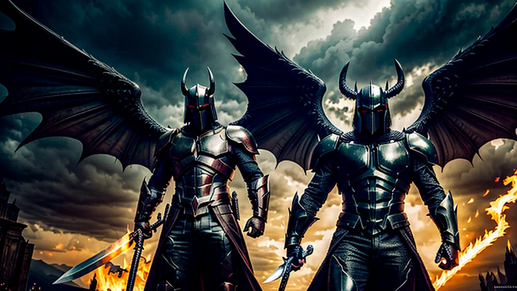 Epic scene featuring an archangel with large, majestic wings and a shining armor on the left side, holding a sword and standing against a vivid, fiery background. On the right side, depict a menacing demonic figure with horns and bat-like wings, set against a dark, ominous background. Create a dramatic contrast between the two characters and their surroundings, emphasizing their opposing natures. No text on the image.