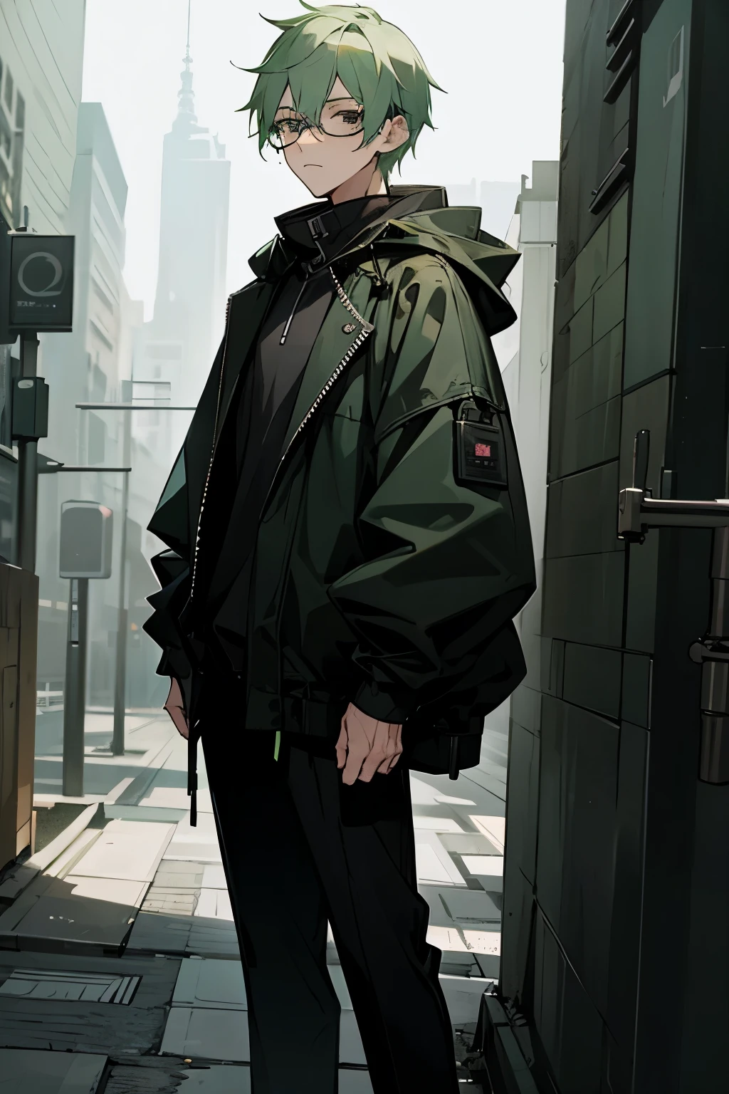 1male, light green hair, black eyes, glasses, expressionless, baggy black hood jacket, black pants, city background, detailed background, hands to side, standing on path