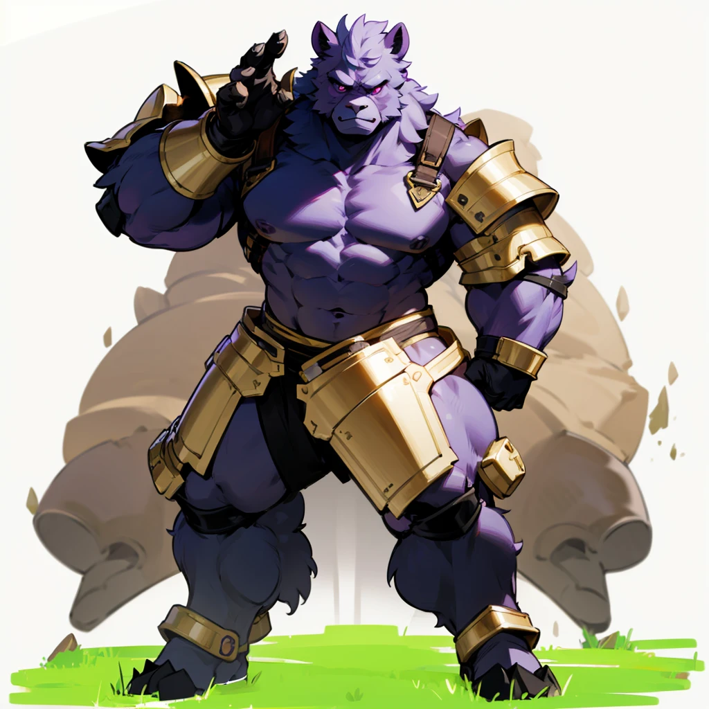 (Random Evolution, Colossal bear mixed purple ogre), armor body, full body version, full black and white colour skins, (gold eyes), (Grassroots), no background