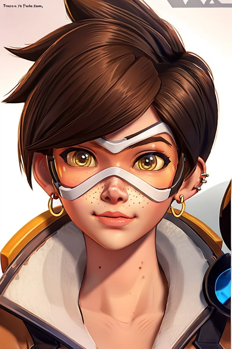 VHS cover for a porn starring tracer. hoop-earings. biting her lip. blushing. looking at viewer. sexy pose. naked. nude. slut. small_boobs. freckles. pornstar nsfw