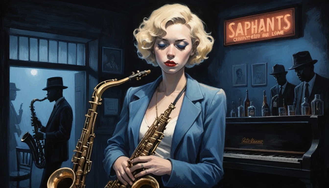 robert johnson, gritty, alabama bar, blue note, charismatic , illustration, noir fantasy, lone blonde lady, sad ending, saxophonists