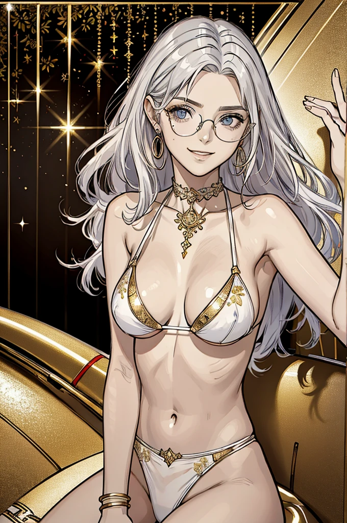 tmasterpiece，（tmasterpiece，top-quality，best qualityer），1girll， jewely，耳Nipple Ring，choker necklace，bangle， hoop earings， circle glasses，sun glasses， Long hair and long meat， Blonde hair，Black color hair，Silvery-white hair，Maroon hair， solo， ssmile， looking at viewert， motorvehicle，The Car， Sports cars，groundvehicle， Sat down， exteriors， daysies， nedium breasts，Open navel， dark skinned female， floral patterns， grinning smile，collars，Laser cloth，Sexy bikini，laser，holy rays，gold foil，Gold leaf art，glitter drawing，Correct anatomy，Detailed face, Detailed eyes，Chest exposed，(miami, night life)