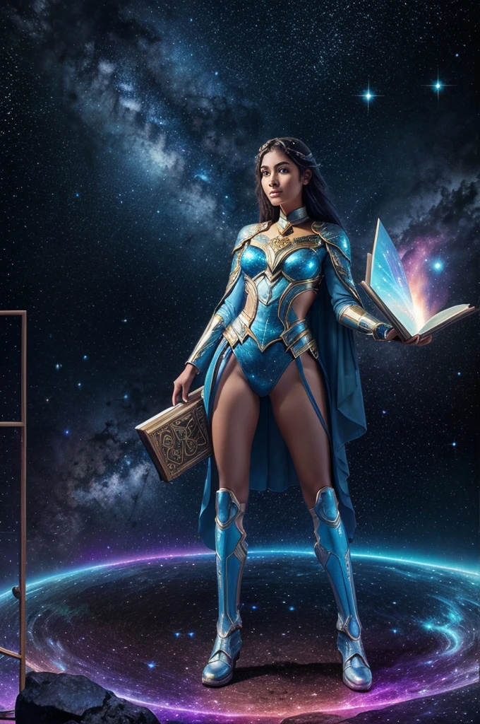 Imagine a figure with an aura of wonder and imagination, standing amidst a cosmic backdrop filled with swirling galaxies and twinkling stars. The character is a young explorer, adorned in an outfit that blends futuristic elements with mystical symbols, symbolizing the journey through stories and universes. They hold an open book in one hand, its pages glowing softly with the promise of endless adventures and tales yet to be told. This character embodies the spirit of exploration and storytelling that defines "Wonder Tiles Universe," inviting viewers to embark on a journey of discovery through the power of stories.