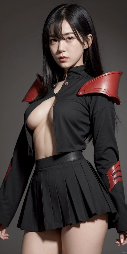beautiful, masterpiece, best quality, extremely detailed face, perfect lighting,1girl, solo, matoi ryuuko, black serafuku, black skirt, red hair, senketsu, torn clothes, underboob