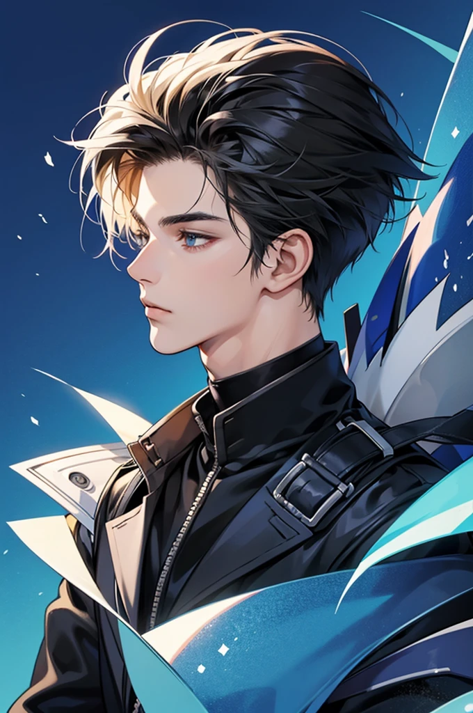 [best quality, ultra-detailed, realistic:1.37], side view portrait of a 20-year-old handsome boy with striking features, [blue] background, anime comics version change background stylish black clothes look