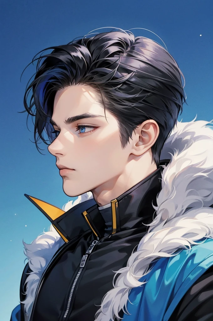 [best quality, ultra-detailed, realistic:1.37], side view portrait of a 20-year-old handsome boy with striking features, [blue] background, anime comics version change background stylish black clothes look