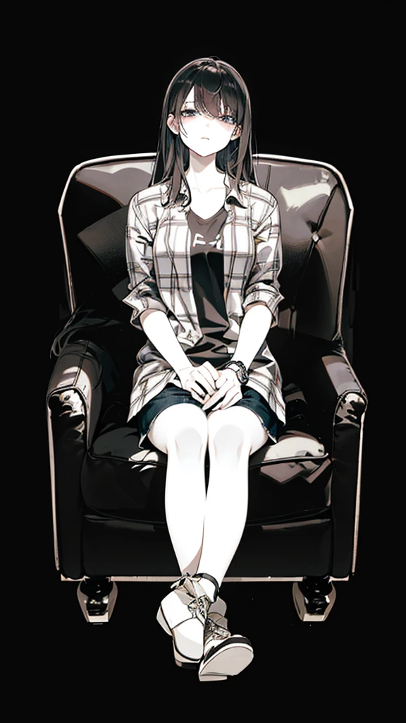 a woman with long, side-parted hair in a plaid shirt and sexy short jeans mini-pants sitting on a chair with her legs crossed , sitting on the sofa, sitting on the sofa, sitting on the sofa, sitting on the sofa, sitting on a chairเท้าแขน, sitting on the sofa, sitting on a chairนวม, sitting on a chair, sitting on a chair, Sit down comfortably., sitting on a chair, sitting on a chair, sitting on a chair