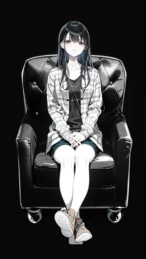 a woman with long, side-parted hair in a plaid shirt and sexy short jeans mini-pants sitting on a chair with her legs crossed , sitting on the sofa, sitting on the sofa, sitting on the sofa, sitting on the sofa, sitting on a chairเท้าแขน, sitting on the sofa, sitting on a chairนวม, sitting on a chair, sitting on a chair, Sit down comfortably., sitting on a chair, sitting on a chair, sitting on a chair