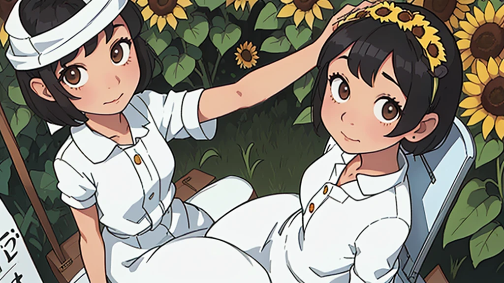 (1girl), indonesian, 20th age, beautiful, white skin, thin chin, white gown, sitting on a swing, body facing camera, black hair, short wave hair, anime style, sunflower garden background, anime style