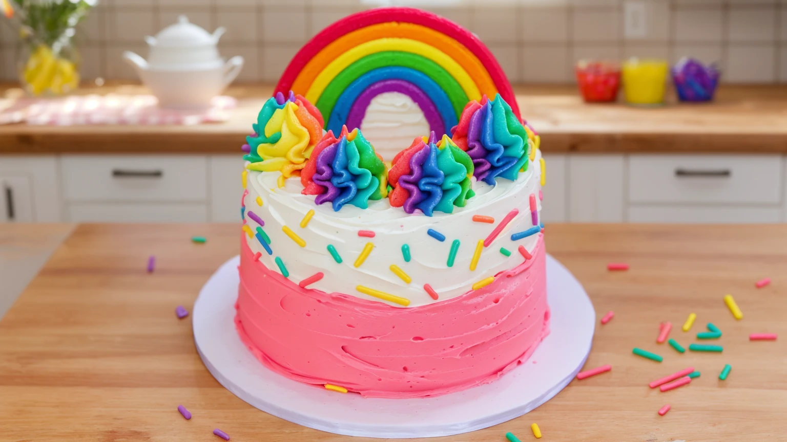 A vibrant and colorful cake with a rainbow decoration on top. The cake has pink and white frosting with rainbow sprinkles scattered on it. The top of the cake features multi-colored swirls of frosting in blue, purple, green, yellow, and orange. The background is a cozy kitchen with soft, warm lighting.