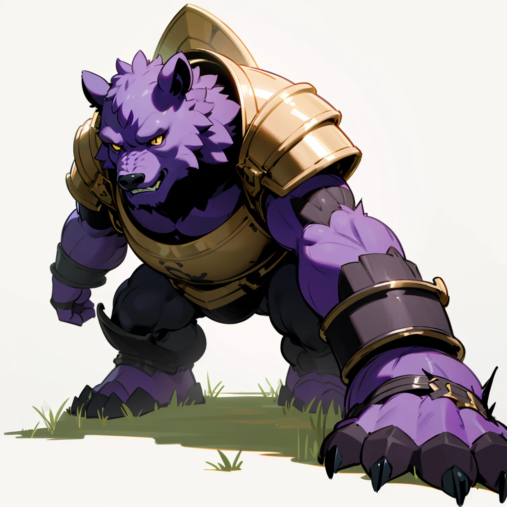 (Random Evolution, Colossal bear mixed purple ogre), armor body, full body version, full black and white colour skins, (gold eyes), (Grassroots), no background