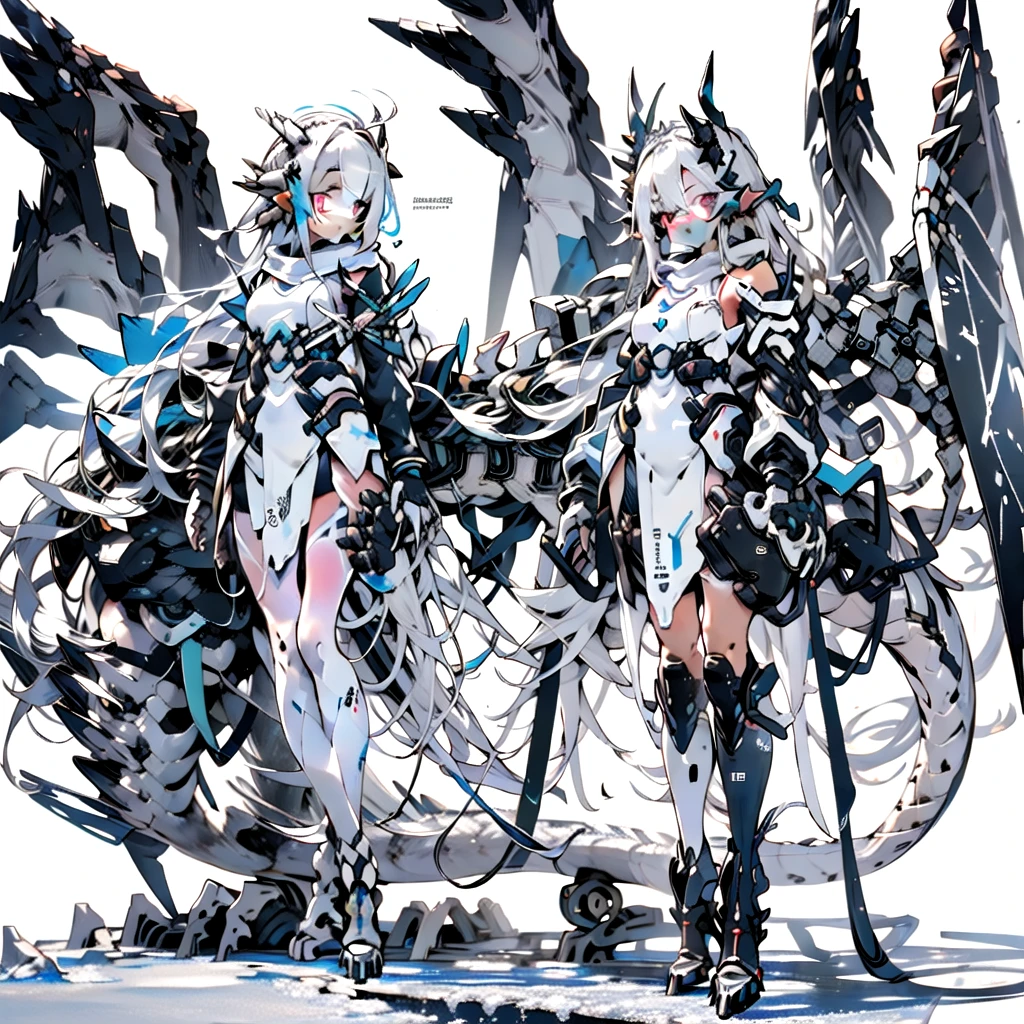 masterpiece, highest quality, highest resolution, clear_image, detailed details, White hair, long hair, cat ears, one girl, red eyes, white pantyhose, sci-fi military clothing, white scarf with a light blue glow, gray futuristic halo (gray halo over the head), white wings (4 wings), cute, full body, no water marks, snow (falling snow)