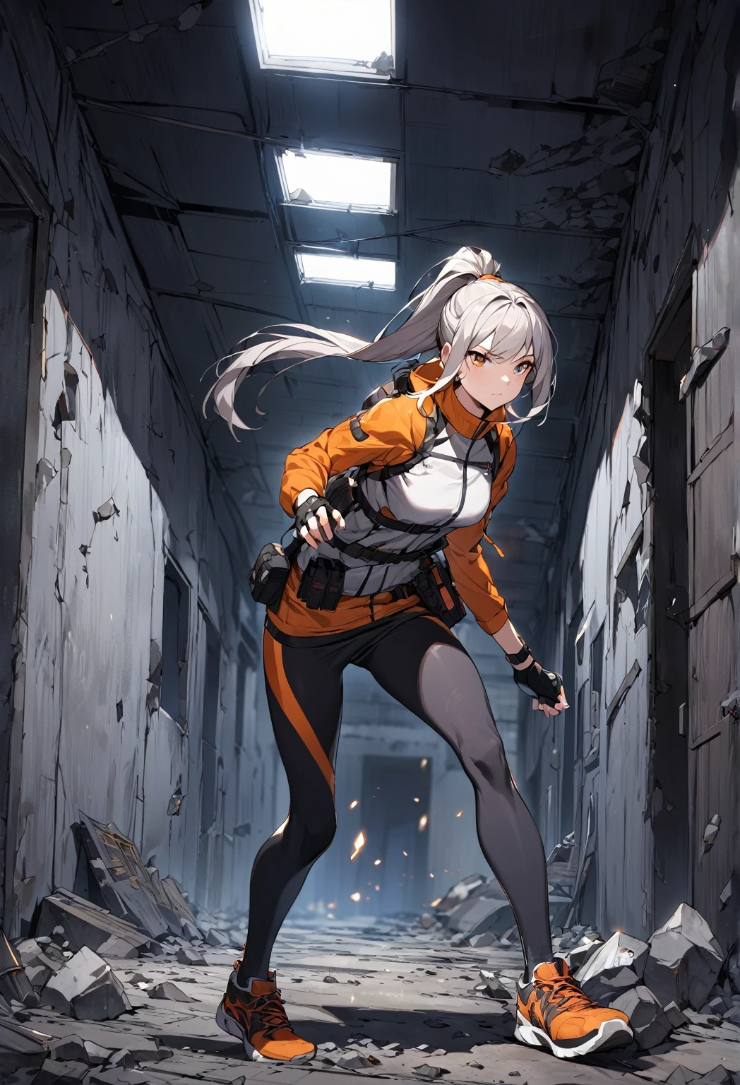 A beautiful woman named Bai Lu is dressed in a sleek and practical workout outfit, perfect for a survival game, inside a modern, abandoned building. The outfit includes a form-fitting, moisture-wicking top and durable, flexible leggings, designed for both comfort and mobility. She has sturdy, supportive running shoes, and her hair is tied back in a high ponytail to keep it out of her face. Accessories include fingerless gloves for better grip and a utility belt with small survival tools. The background shows a dimly lit, deserted hallway with broken windows, debris scattered around, and flickering lights, creating an atmosphere of danger and suspense. Bai Lu's expression is determined and focused, ready to face whatever comes her way in this survival scenario