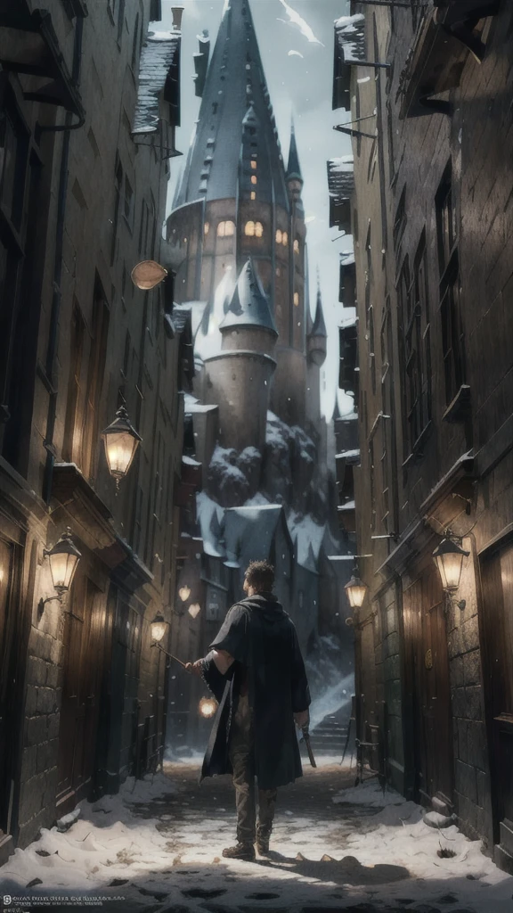 concept art absurdres, [perfect shadows and lighting], detailed background, incredible high-key lighting, masterpiece, high quality, detailed, extremely detailed, ambient soft lighting, 4K,(1boy,male_focus,mature,england prep ,hogwarts student,fantasy theme,wizard school,(scene from harry potter movie:1.2)), official art, concept art, colors, trending on artstation, Vivid colors, dramatic, arcane, outdoors detailed background,winter theme . digital artwork, illustrative, painterly, matte painting, highly detailed