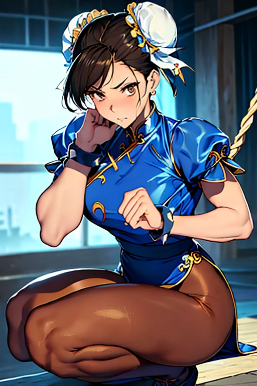Chun-Li from Street Fight II,Chun-Li Costume,Blue Chinese dress with gold lines,Bunhead、Highest quality, 超High resolution、(High resolution)、(8K)、(Very detailed),Diagonal bangs、masterpiece, Highest quality, masterpiece, Highest quality, Brown eyes with white sclera, Bad move -5, alone, 1 Girl, Brown Hair, From SF2, Muscular woman, Blue clothes, pantyhose, Pelvic Curtain, Puff short sleeves.
His hands are tied up with a thick rope。
Both legs are tied with a thick rope。
On one knee。
pantyhoseは切り刻まれている。
The blue cheongsam is cut into pieces。
chest is showing。
Bleeding from arms or legs。
Crippling。
I am in agony。
engulfed in flames。