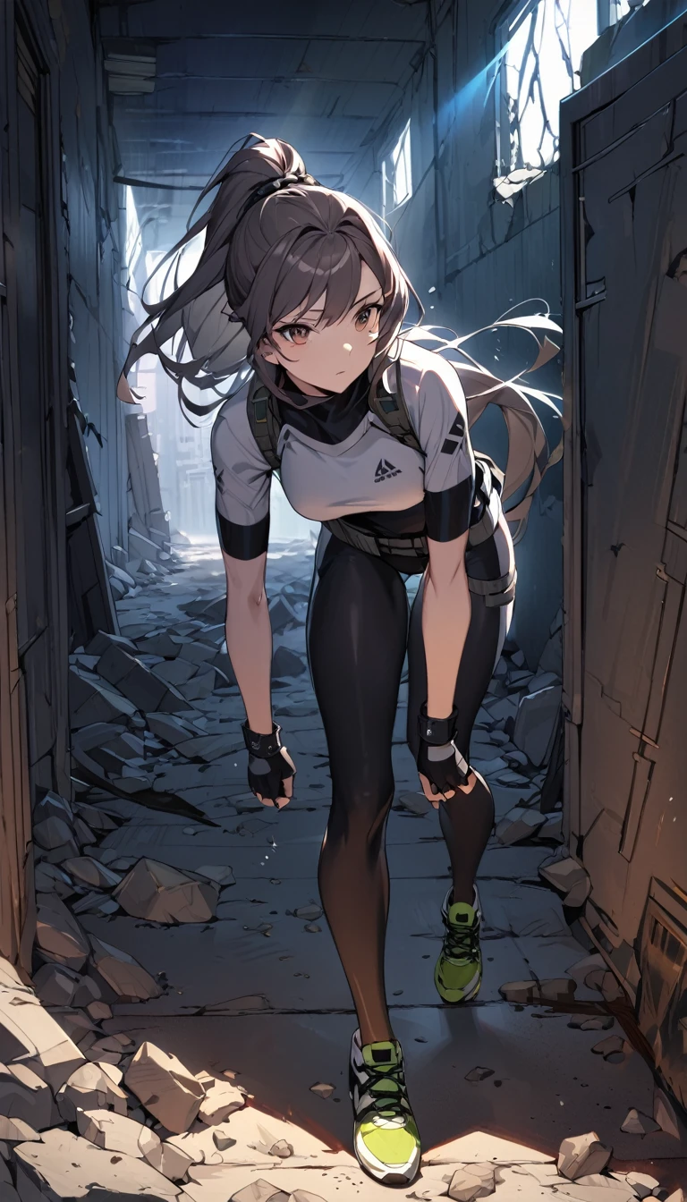 A beautiful woman named Bai Lu is dressed in a sleek and practical workout outfit, perfect for a survival game, inside a modern, abandoned building. The outfit includes a form-fitting, moisture-wicking top and durable, flexible leggings, designed for both comfort and mobility. She has sturdy, supportive running shoes, and her hair is tied back in a high ponytail to keep it out of her face. Accessories include fingerless gloves for better grip and a utility belt with small survival tools. The background shows a dimly lit, deserted hallway with broken windows, debris scattered around, and flickering lights, creating an atmosphere of danger and suspense. Bai Lu's expression is determined and focused, ready to face whatever comes her way in this survival scenario
