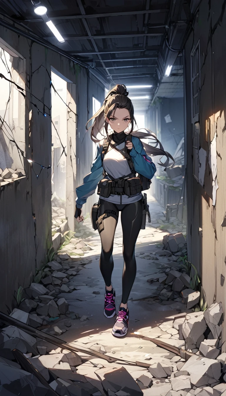 A beautiful woman named Bai Lu is dressed in a sleek and practical workout outfit, perfect for a survival game, inside a modern, abandoned building. The outfit includes a form-fitting, moisture-wicking top and durable, flexible leggings, designed for both comfort and mobility. She has sturdy, supportive running shoes, and her hair is tied back in a high ponytail to keep it out of her face. Accessories include fingerless gloves for better grip and a utility belt with small survival tools. The background shows a dimly lit, deserted hallway with broken windows, debris scattered around, and flickering lights, creating an atmosphere of danger and suspense. Bai Lu's expression is determined and focused, ready to face whatever comes her way in this survival scenario