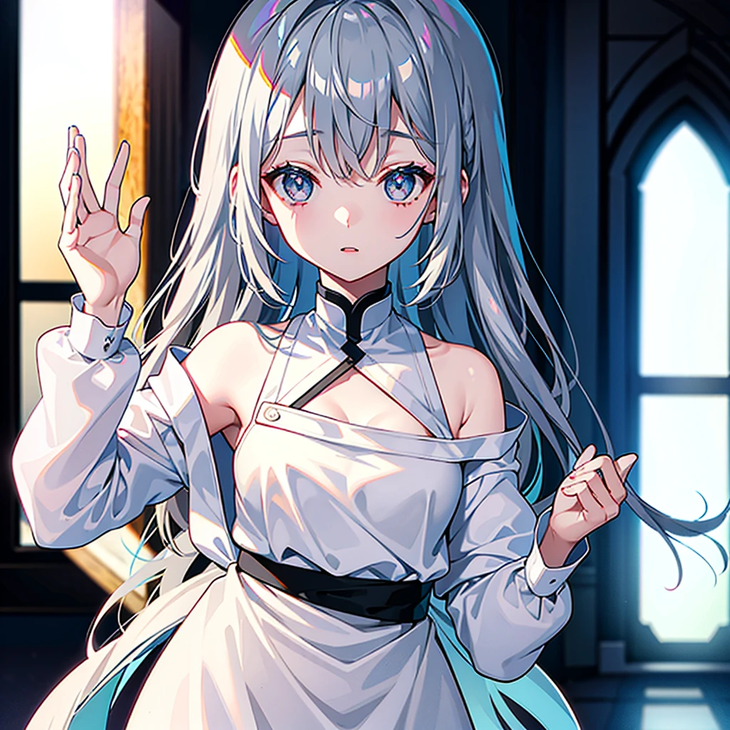 Girl、gray hair mesh、delicate、Thin lines、White、1 person