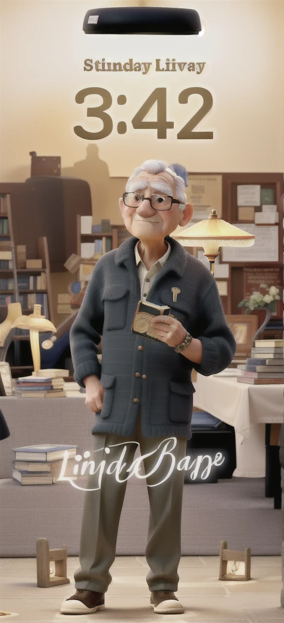A wise old man standing in front, illuminated by the light of a lamp, against the backdrop of a library