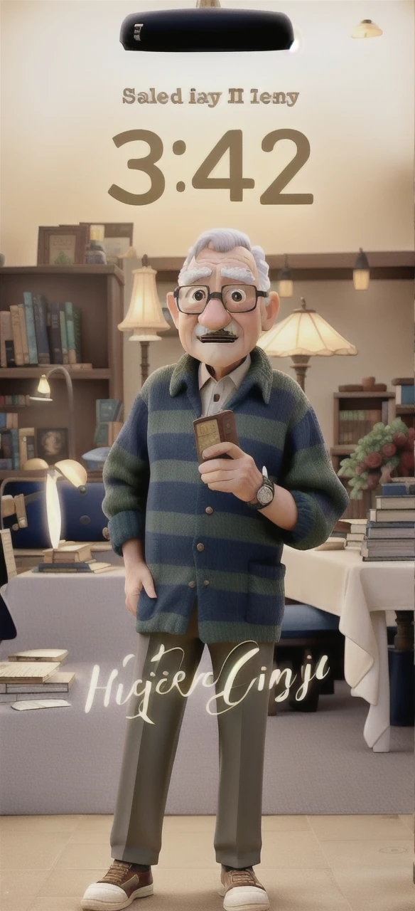 A wise old man standing in front, illuminated by the light of a lamp, against the backdrop of a library