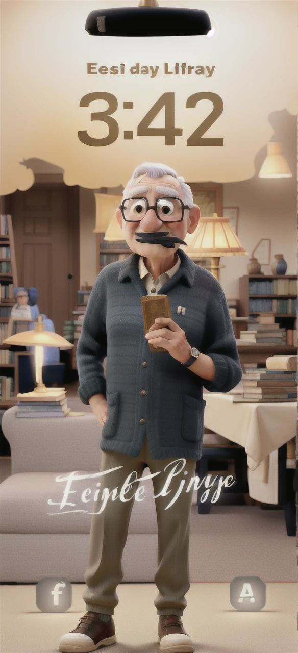 A wise old man standing in front, illuminated by the light of a lamp, against the backdrop of a library