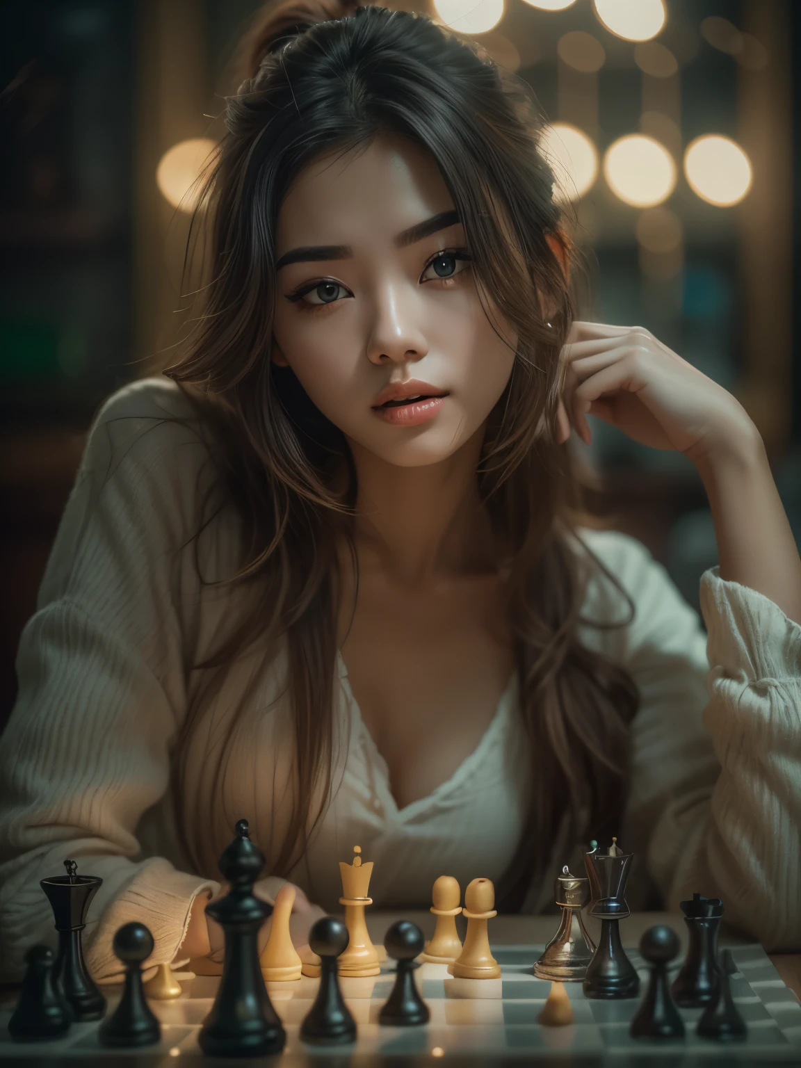 A gorgeous 23-year-old European woman,beautiful detailed eyes,beautiful detailed lips,extremely detailed eyes and face,longeyelashes,cleavage,closeup,playing chess game(( with glass pawns)),intricate chess board,dramatic rim lighting,chiaroscuro lighting,cinematic composition,photorealistic,high quality,8k,ultra detailed,masterpiece,dramatic colors,moody atmosphere