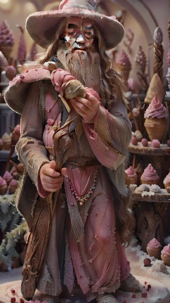 Barbie Gandalf, happy smile, (best quality:1.5), highly detailed, (perfectly drawn face three radiant eyes), masterpiece, dramatic photo, upper body showing, pink clothes, beard, hat, staff in hand, far shot, realistic, RAW photo, amateur, masterpiece, 3d, cinematic lighting,  gandalf GelatoStyle, pink theme
