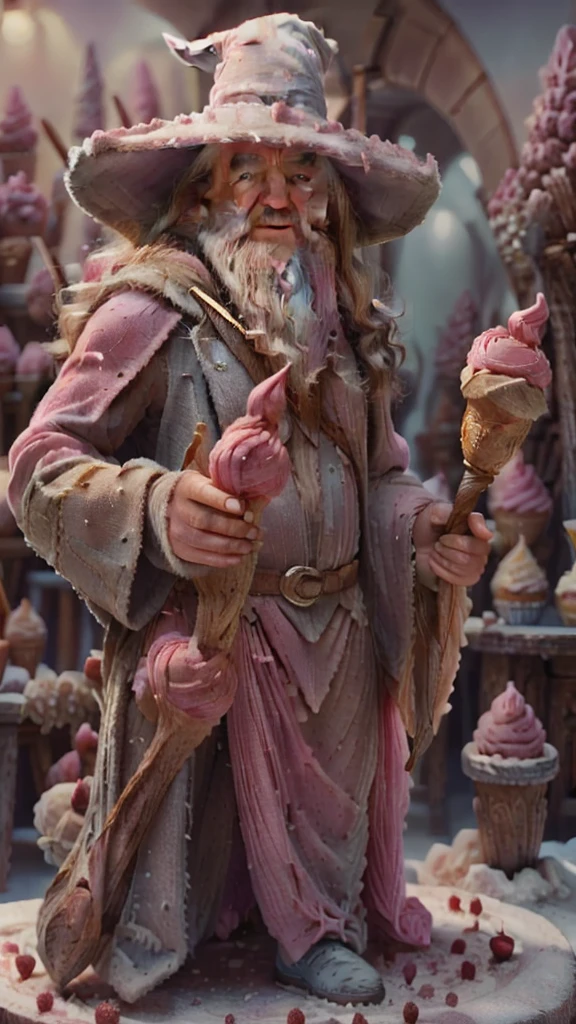 Barbie Gandalf, happy smile, (best quality:1.5), highly detailed, (perfectly drawn face three radiant eyes), masterpiece, dramatic photo, upper body showing, pink clothes, beard, hat, staff in hand, far shot, realistic, RAW photo, amateur, masterpiece, 3d, cinematic lighting, gandalf GelatoStyle, pink theme
