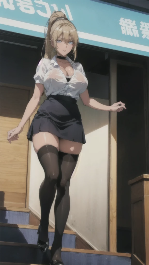 ((Correct Anatomy)),(on stage),(Office Lady Costume),((office)),((Short sleeve)),(Mini Pleated Skirt),(((Black Stockings))),((Lace panties)),(Standing on the stairs),Ultra-high resolution,Mature Woman, Mature Woman, Very detailed,Sunburned skin,Brown Skin, (Big Breasts),((Beautiful feet)),Perfect hands, Detailed fingers, Beautiful details, ((Long blonde hair)),((ponytail)),Black Choker, Earrings,Heel,Perfect Eyes, Captivating eyes,(open-chest)
