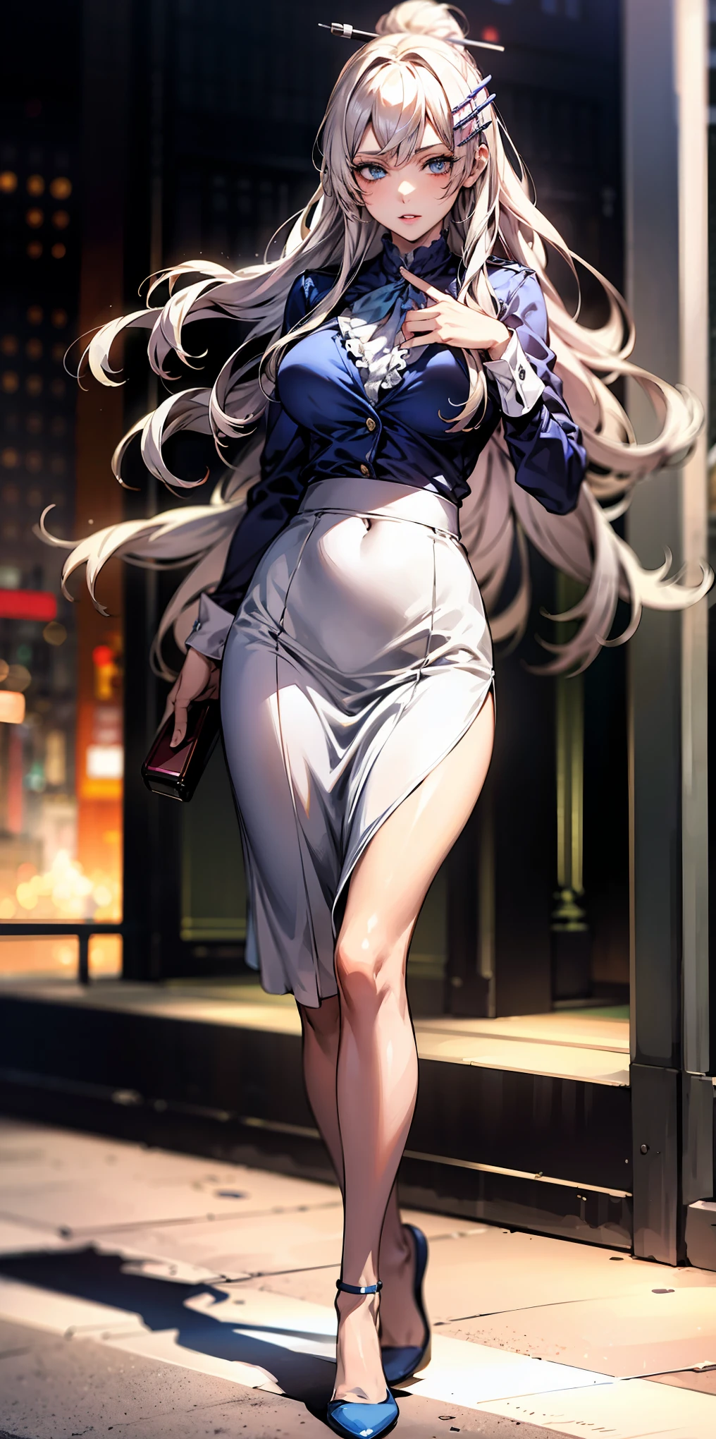 Ridiculous resolution, high resolution, (masterpiece:1.4), Extremely detailed, 1 Girl,blue eyes, Long blond hair，White skirt, White handbags、Pantyhose、City Streets,Sexy pose, The camera is close to your body