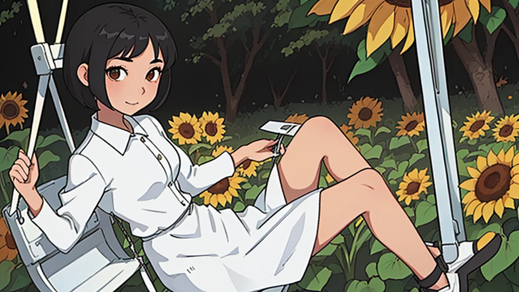(1girl), indonesian, 20th age, beautiful, white skin, thin chin, white gown, sitting on a swing, body facing camera, black hair, short wave hair, anime style, sunflower garden background, anime style