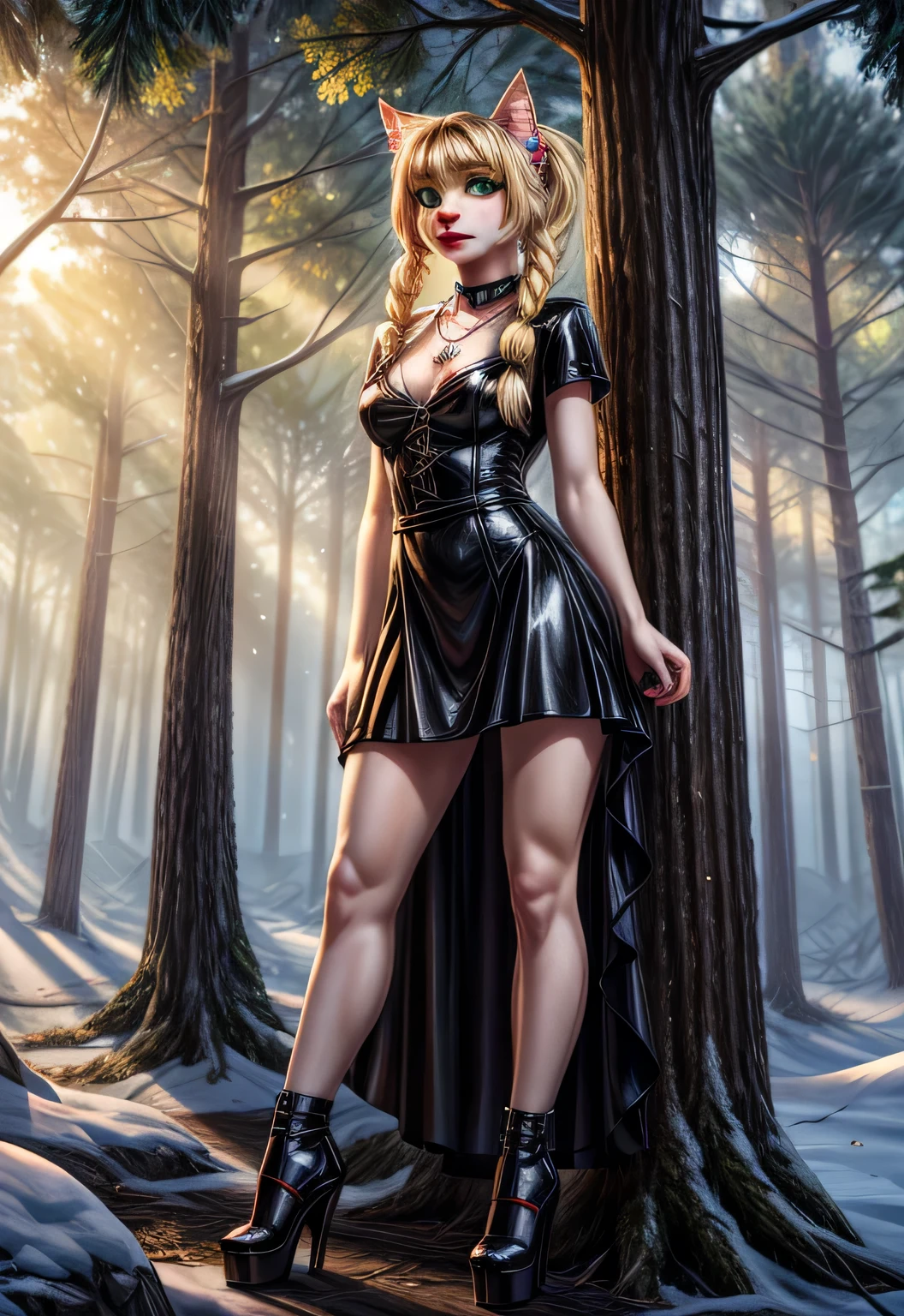 UHD 8k, HDR+, cute blonde anthro female Cat with a necklace, large piercing green eyes, huge earrings, giant earrings, blonde with pigtails, fluffy cat with a snow-white fluffy tail, Black leather high heel boots, High heels, Red gothic dress, Against the background of the summer forest, detailed background, realistic, 1girl, solo girl, 20 year old girl, ultra realistic face, hyperrealistic, hyperdetailed, (looking at viewers), sharpen, detailed face, detailed eyes, detailed lips, red lips, beautiful face, 16k, FHD, raw photo, cute face mesh, pretty face mesh, portrait shot 8 k