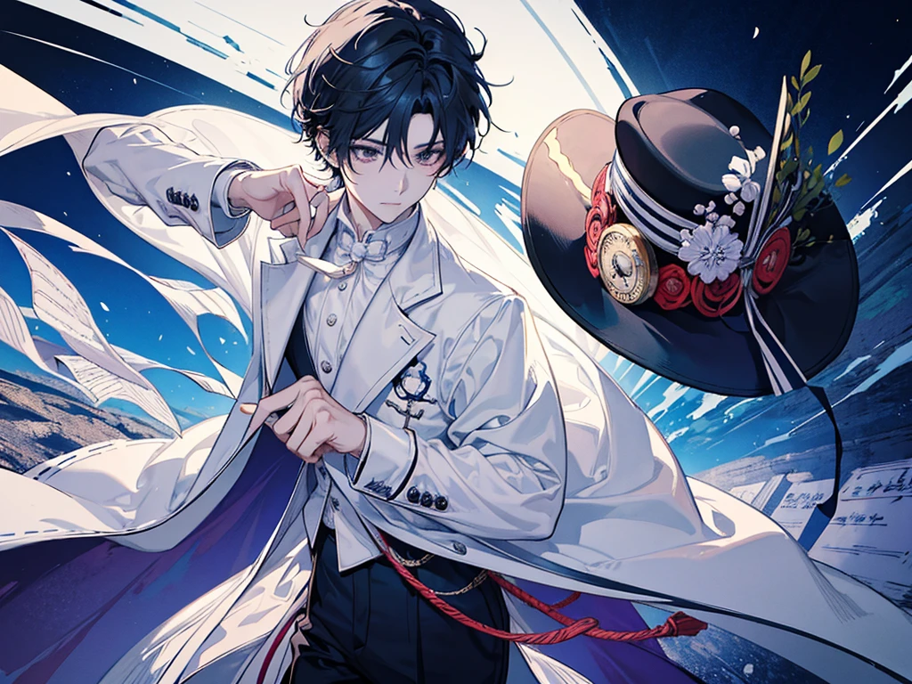 anime  solo boy in a white suit and hat holding a stopwatch, holding a pocket watch, inspired by Okumura Togyu, 2 d anime style, he is wearing a top hat, wearing a monocle, cel shaded anime, cel - shaded art style, he is wearing a hat, inspired by Junpei , bust up