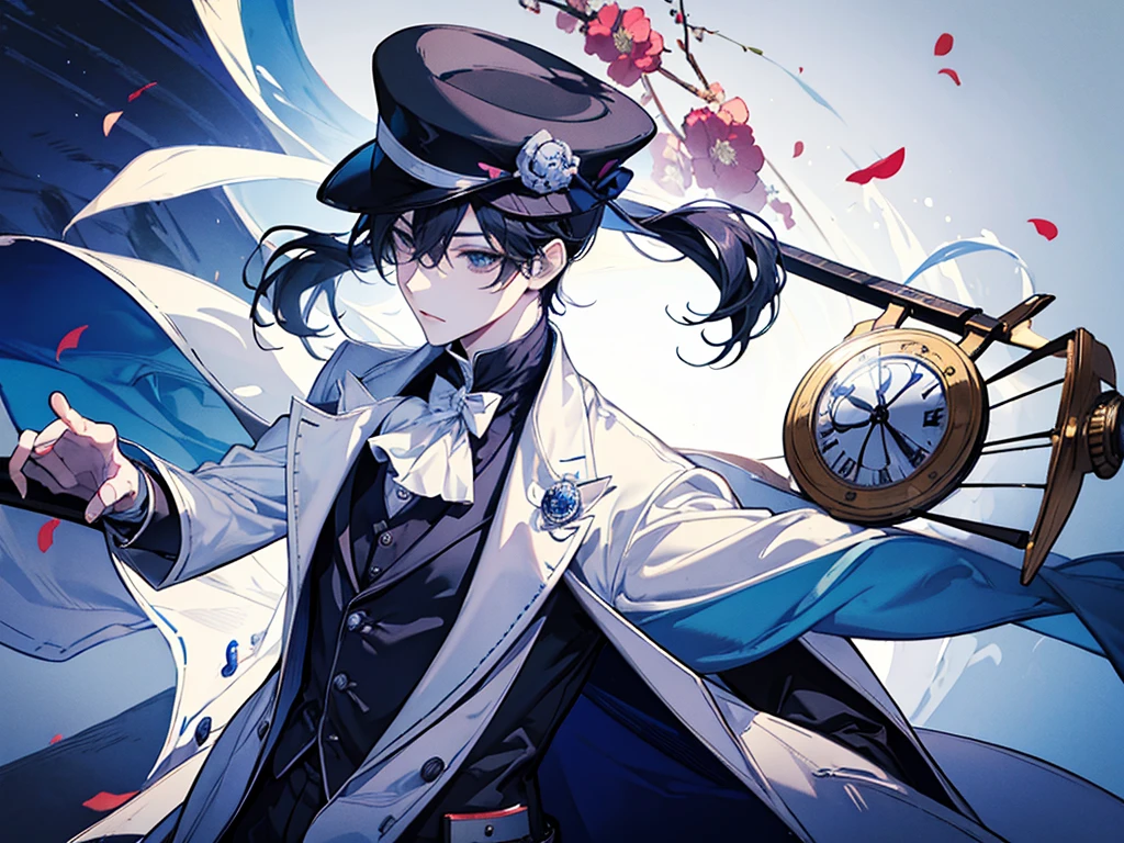 anime  solo boy in a white suit and hat holding a stopwatch, holding a pocket watch, inspired by Okumura Togyu, 2 d anime style, he is wearing a top hat, wearing a monocle, cel shaded anime, cel - shaded art style, he is wearing a hat, inspired by Junpei , bust up