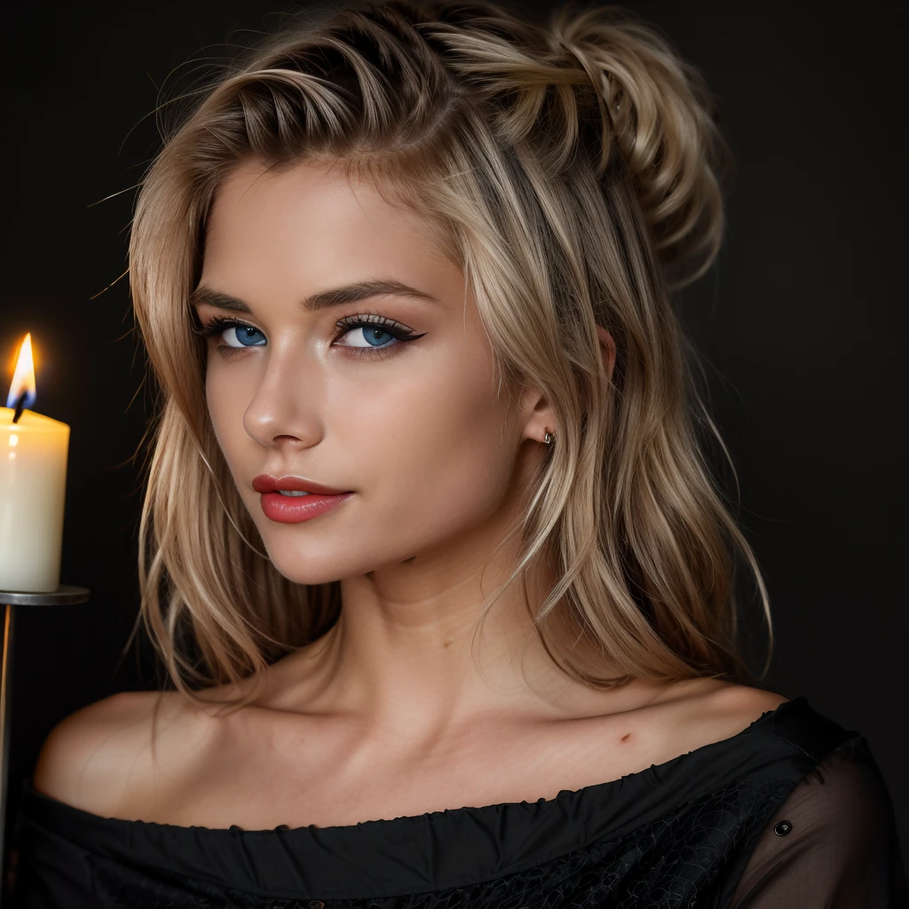 photography, ultra realistic photo, ultra HD, masterpiece, blonde girl, she is 25 years old, she has very perfect blue eyes, detailed eyes, perfect body, (big breast : 1.4), she is smiling, she has attractive eyes, perfect skin, (textured skin,: 1.2) detailed face, elegant girl, (full body photography : 1.5), perfect legs, lot of light on the face and the body, she's in the dark, no lights at all, close picture full black background with only candle, picture from the top, black make up, red lipstick, (she is wearing black fashion clothes : 1.4), two candle, (candle light 1.3)