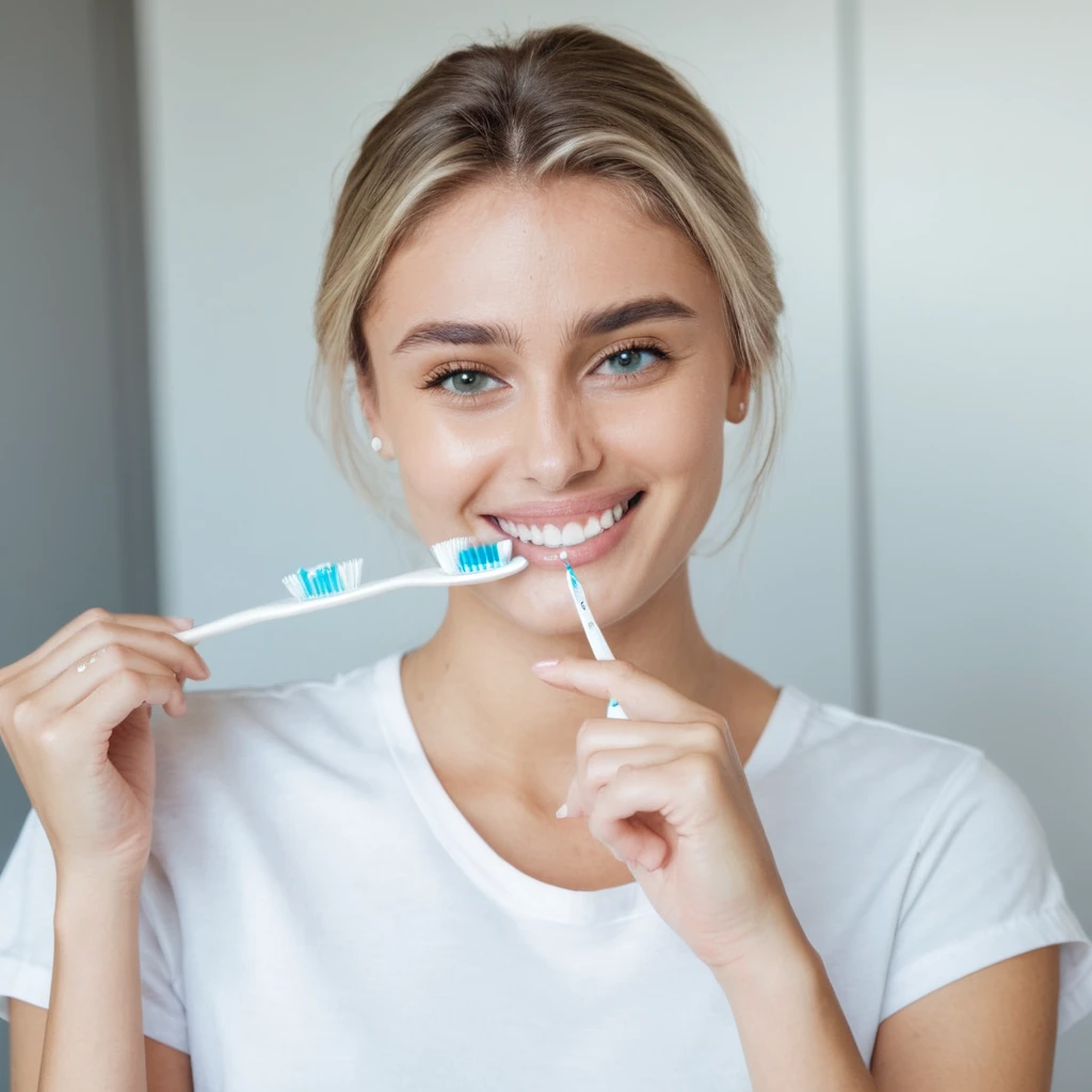 perfect quality,blond,White skin，a photo of a woman,indoor,White background,Realistic lighting,8K,4K,Looking at the camera,Wearing short sleeves,Hold a toothbrush,Smile,Show your teeth,portrait,Pretty Face
