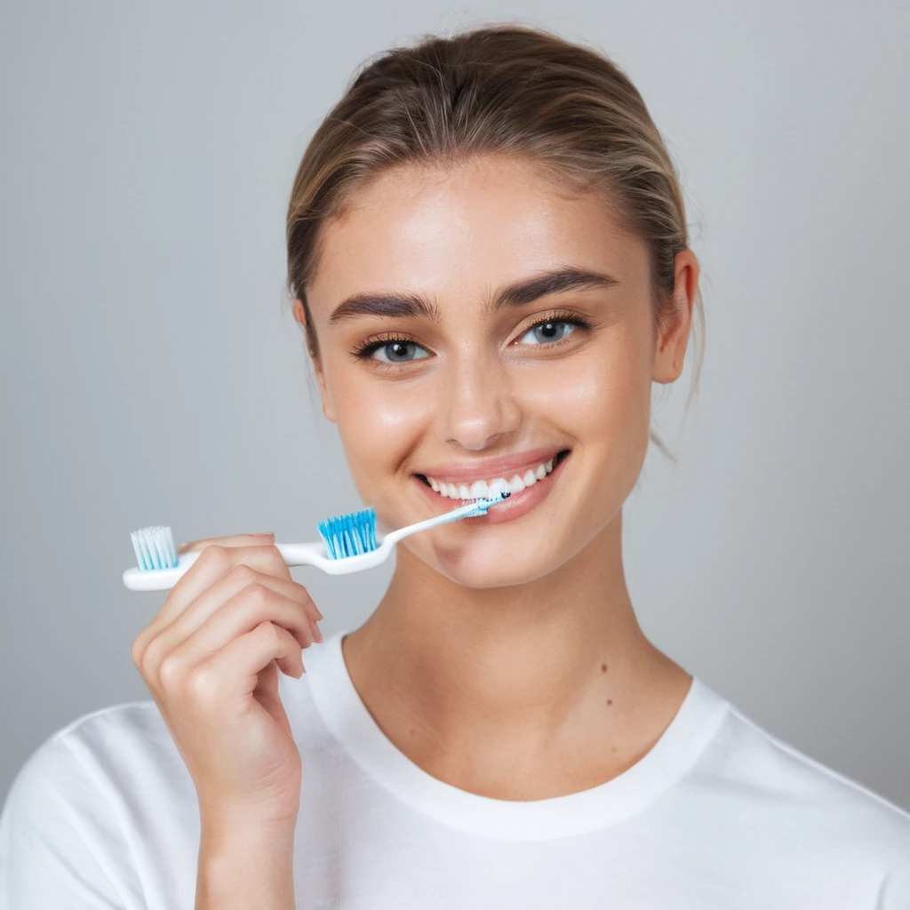 perfect quality,blond,White skin，a photo of a woman,indoor,White background,Realistic lighting,8K,4K,Looking at the camera,Wearing short sleeves,Hold a toothbrush,Smile,Show your teeth,portrait,Pretty Face
