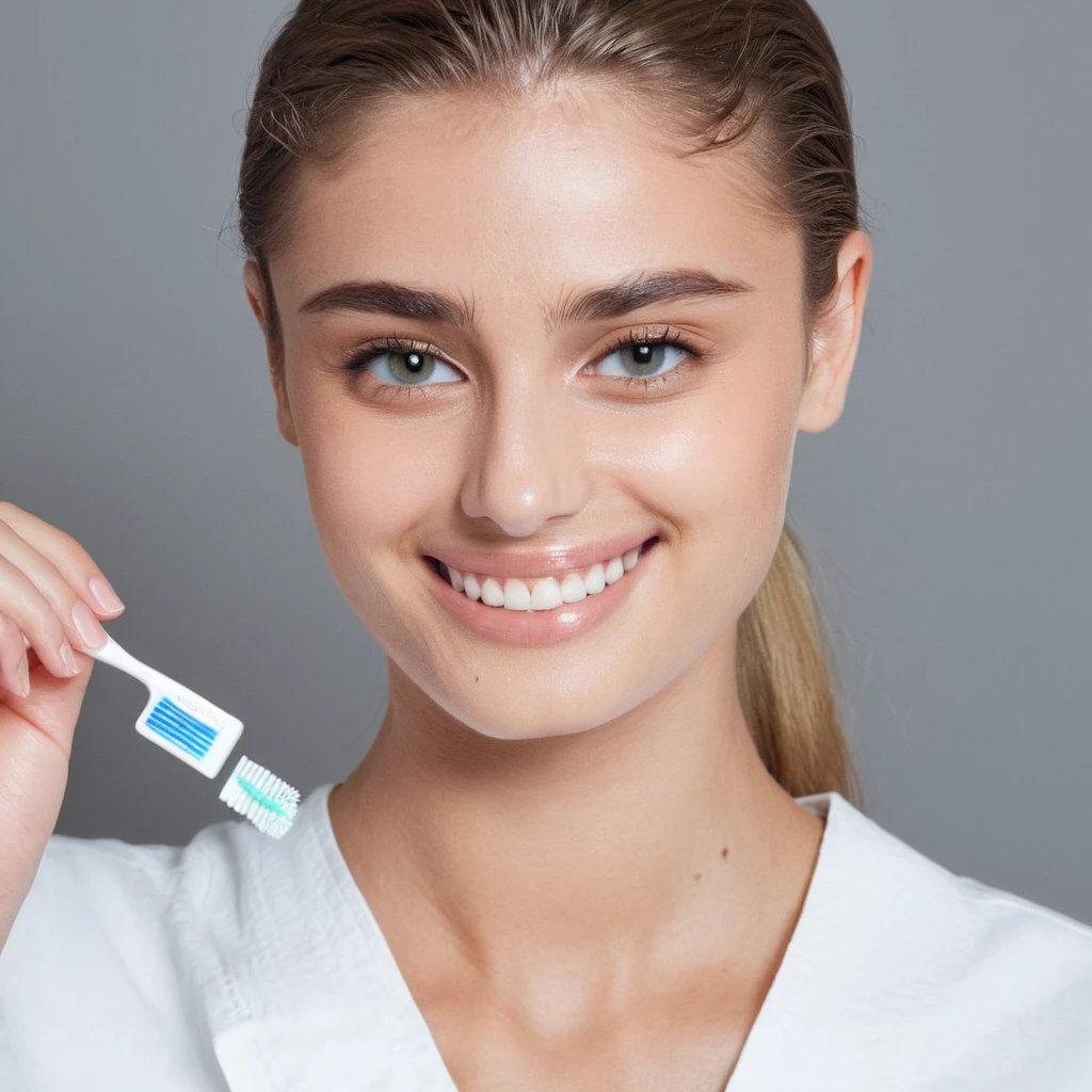 perfect quality,blond,White skin，a photo of a woman,indoor,White background,Realistic lighting,8K,4K,Looking at the camera,Wearing short sleeves,Hold a toothbrush,Smile,Show your teeth,portrait,Pretty Face
