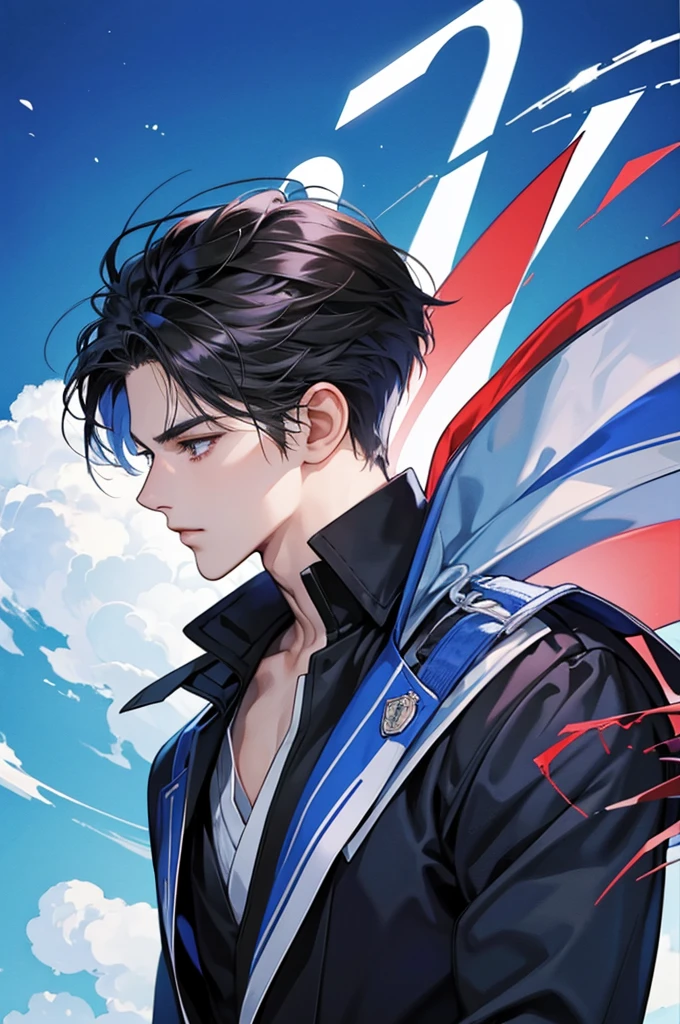 [best quality, ultra-detailed, realistic:1.37], side view portrait of a 20-year-old handsome boy with striking features, [blue] background, anime comics version change background having dress of red colour
