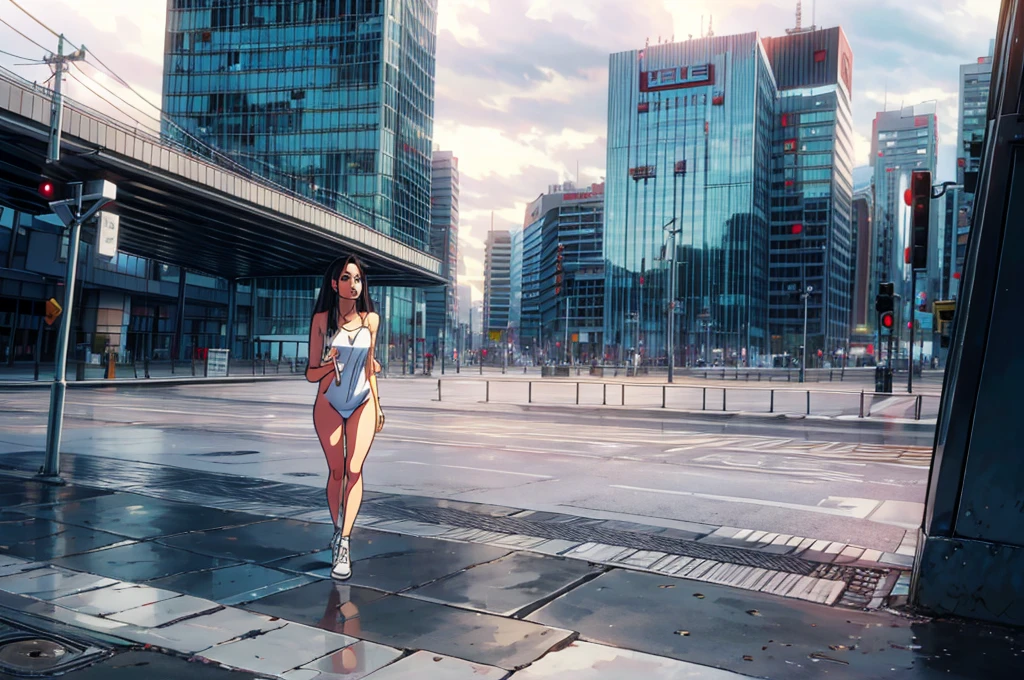 wide angle shot of a naked latina girl, long dark straight hair, full lips, wearing white headphones, on an empty city on a cloudy day