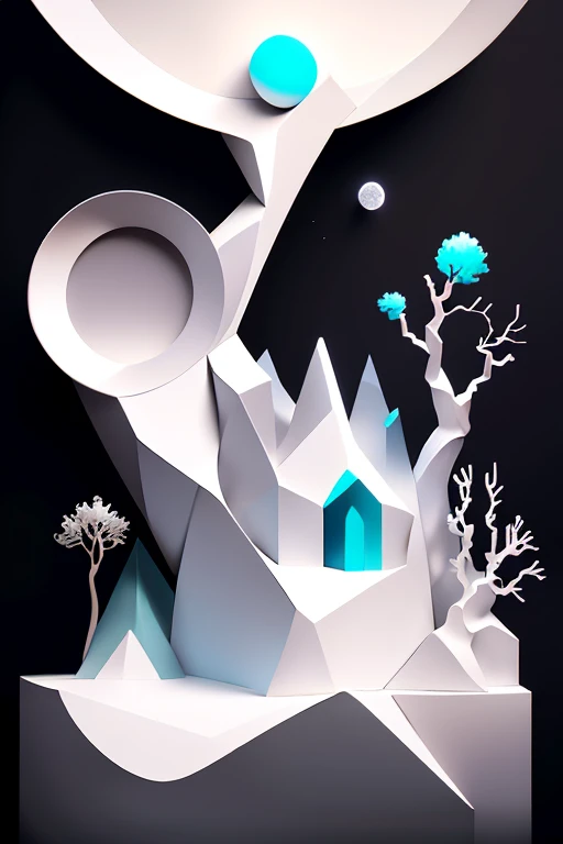 Minimalistic Surrealism -- S2: A single, ethereal moon hovering above a desolate plain, its glow casting ghostly shadows on the barren landscape. The scene is dotted with enigmatic, geometric structures that seem to defy gravity, their sharp edges and clean lines contrasting starkly with the organic forms of the surrounding plants. In the distance, a solitary figure stands, shrouded in an iridescent, misty fog. The figure wears a monochrome cloak adorned with intricate symbols, their features indistinct yet hinting at a sense of profound wisdom. This minimalistic surrealism, a playground of dreams and reality, invites the view