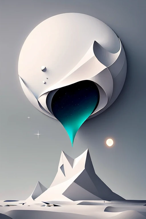 Minimalistic Surrealism -- S2: A single, ethereal moon hovering above a desolate plain, its glow casting ghostly shadows on the barren landscape. The scene is dotted with enigmatic, geometric structures that seem to defy gravity, their sharp edges and clean lines contrasting starkly with the organic forms of the surrounding plants. In the distance, a solitary figure stands, shrouded in an iridescent, misty fog. The figure wears a monochrome cloak adorned with intricate symbols, their features indistinct yet hinting at a sense of profound wisdom. This minimalistic surrealism, a playground of dreams and reality, invites the view