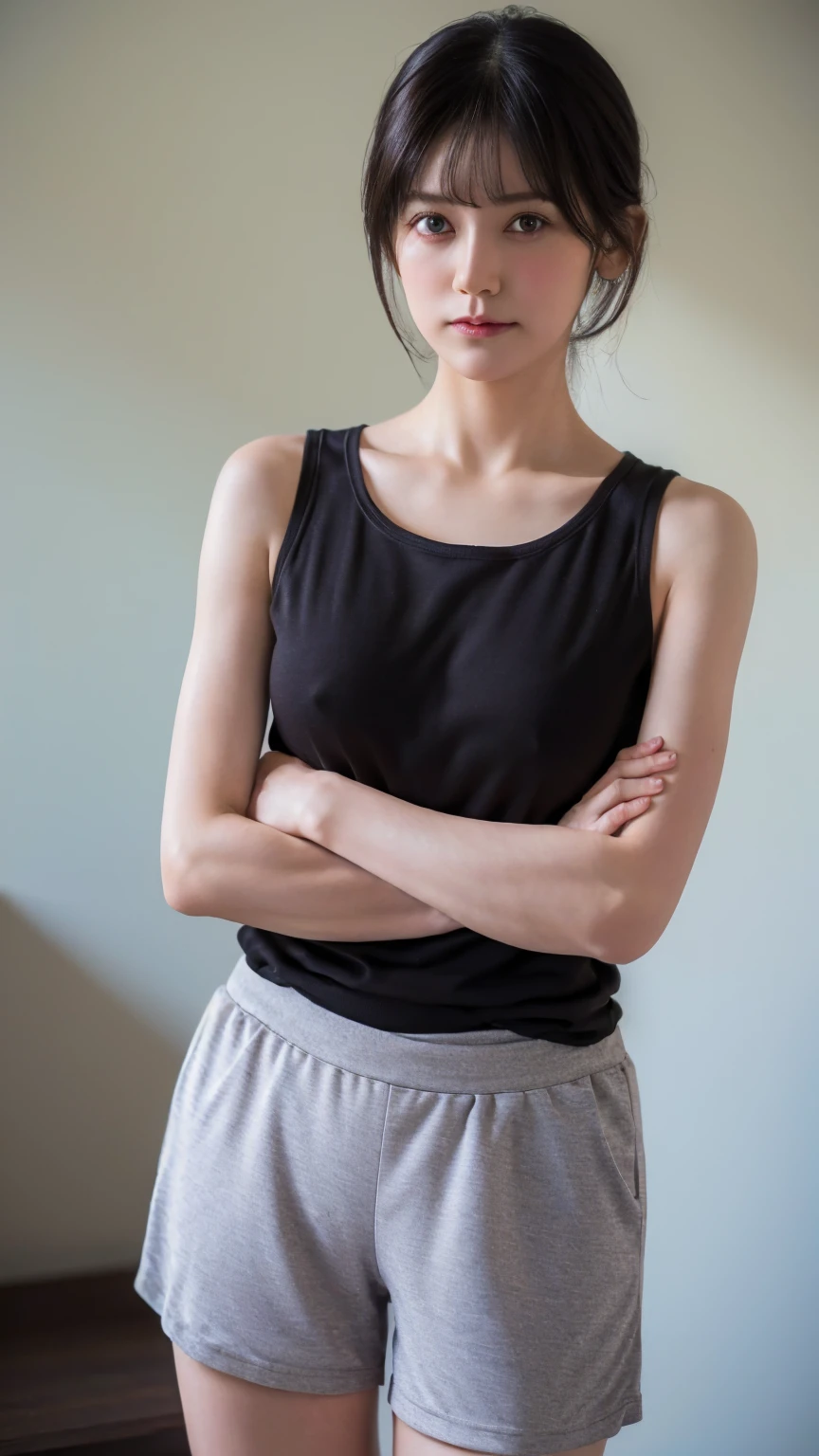 (best quality:1.4), (ultra highres:1.2), (photorealistic:1.4), (16k, RAW photo:1.2),(portrait shot:1.3), bmangpor, 1girl, solo, medium hair, brown hair, ((crossed arms)), knit tank top, short pants, natural big breast:1.3, ((Half body shoot into knees)), detailed room background, medium shoulder, (((height 158cm)))
