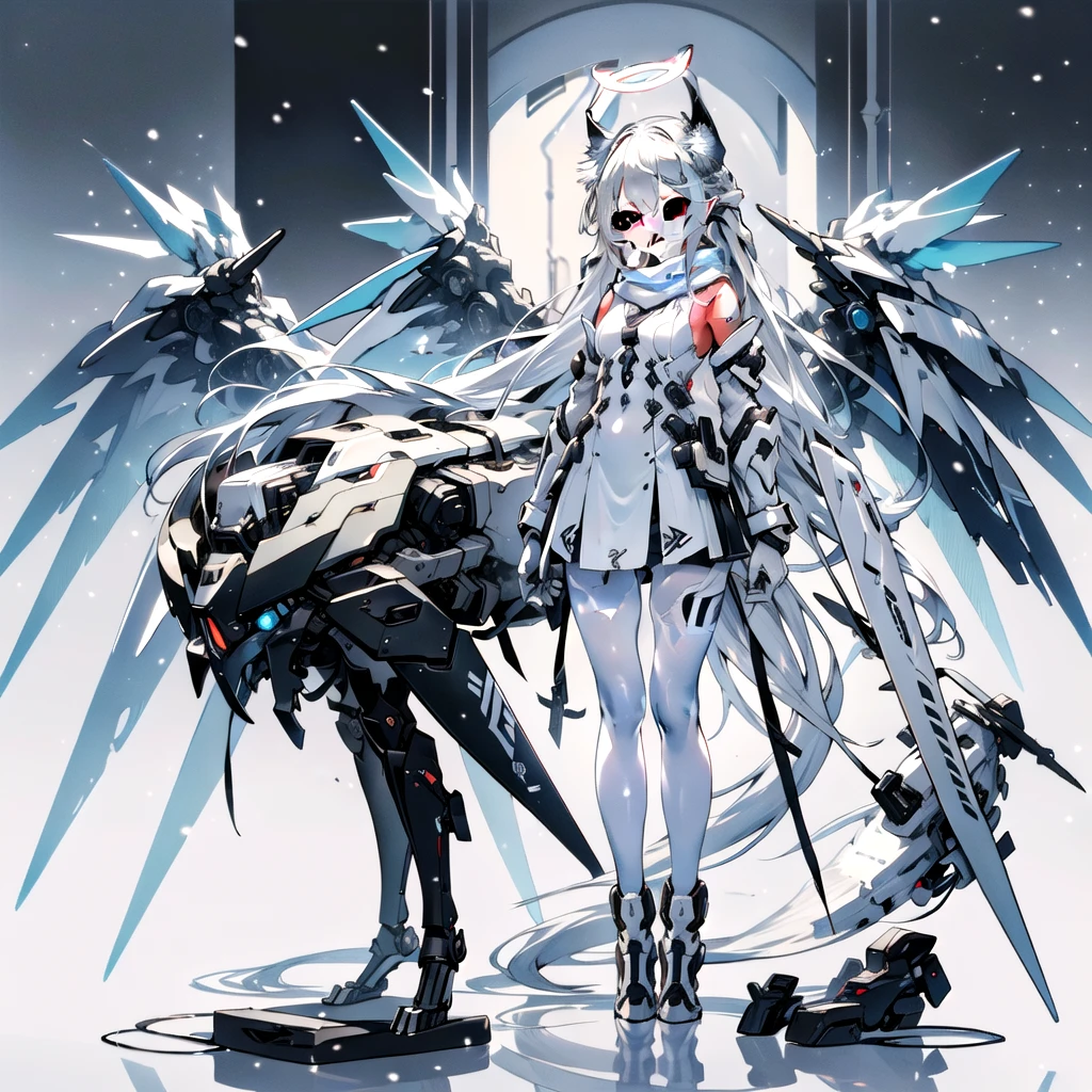 masterpiece, highest quality, highest resolution, clear_image, detailed details, White hair, long hair, cat ears, one girl, red eyes, white pantyhose, sci-fi military clothing, white scarf with a light blue glow, gray futuristic halo (gray halo over the head), white wings (4 wings), cute, full body, no water marks, snow (falling snow)