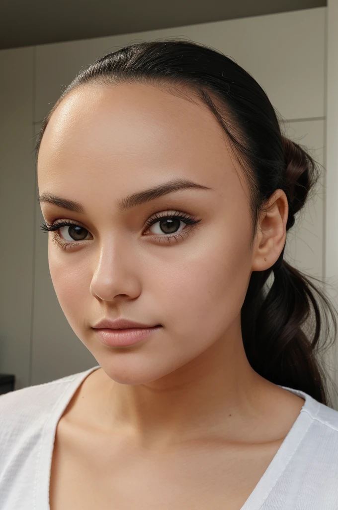 A girl with short forehead and hairline starts from just above the eye and hair is very good
 and nose iin medium size and little lengthy and short mouth and chubby cheeks and chin is thin and little lengthy and face is oval