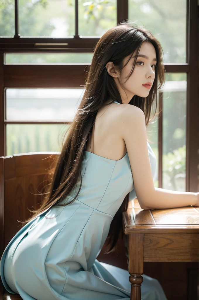 (((best quality))),(((ultra detailed))),(((masterpiece))),illustration,1girl,high school girl,solo,slim,thin,summer,sunshine,luxurious classroom,anticipation,beautiful,elegant,desk,college application form,sleeveless dress,light blue,summer sky,delicate floral pattern,shoulder length straight hair,sunlight,shimmering aura,fair skin,smooth skin,deep green eyes,luxury,plush leather chairs,richly patterned walls,state-of-the-art technology,open windows,summer breeze,freshly mown grass,distant bird songs,graceful movements,precise movements,serene face,focus,determination,dreams,aspirations,journey,fulfill academic goals,portrait,resilience,hope,future,courage,confidence,from back,upper body,bare back,towering hips,butt crack