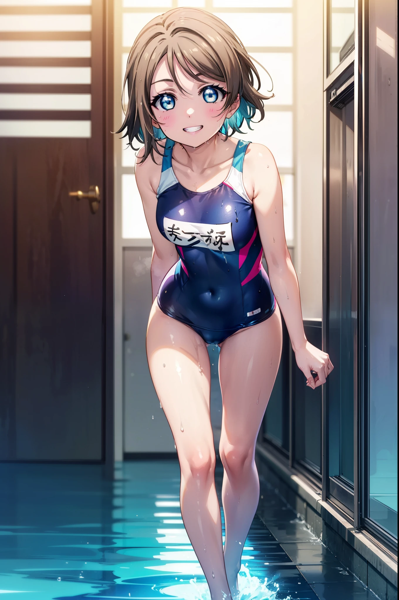 Yo Watanabe, Issei Watanabe, short hair, blue eyes, Brown Hair, smile, Grin,Swimsuit,barefoot,whole bodyがイラストに入る,Wet Hair,Wet swimsuit,Wet Skin,Walking,
break indoors, 競泳プール
break looking at viewer, whole body,
break (masterpiece:1.2), Highest quality, High resolution, unity 8k wallpaper, (shape:0.8), (Beautiful attention to detail:1.6), Highly detailed face, Perfect lighting, Extremely detailed CG, (Perfect hands, Perfect Anatomy),