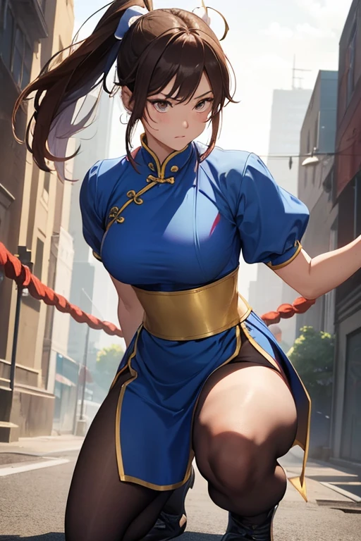 Chun-Li from Street Fight II,Chun-Li Costume,Blue Chinese dress with gold lines,Bunhead、Highest quality, 超High resolution、(High resolution)、(8K)、(Very detailed),Diagonal bangs、masterpiece, Highest quality, masterpiece, Highest quality, Brown eyes with white sclera, Bad move -5, alone, 1 Girl, Brown Hair, From SF2, Muscular woman, Blue clothes, hose, Pelvic Curtain, Puff t sleeves.
His hands are tied up whick rope。
Both legs are tied with a thick rope。
On one knee。
pantyhoseは切り刻まれてhe blue cheongsam is cut into pieces。
chest is showing。
Bleeding from arms or legs。
Crippling。
I am in agony。
You are under attack by an enemy。
I'm somehow maintaining my posture。